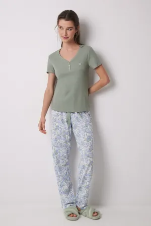 100% cotton ribbed green flower pajamas