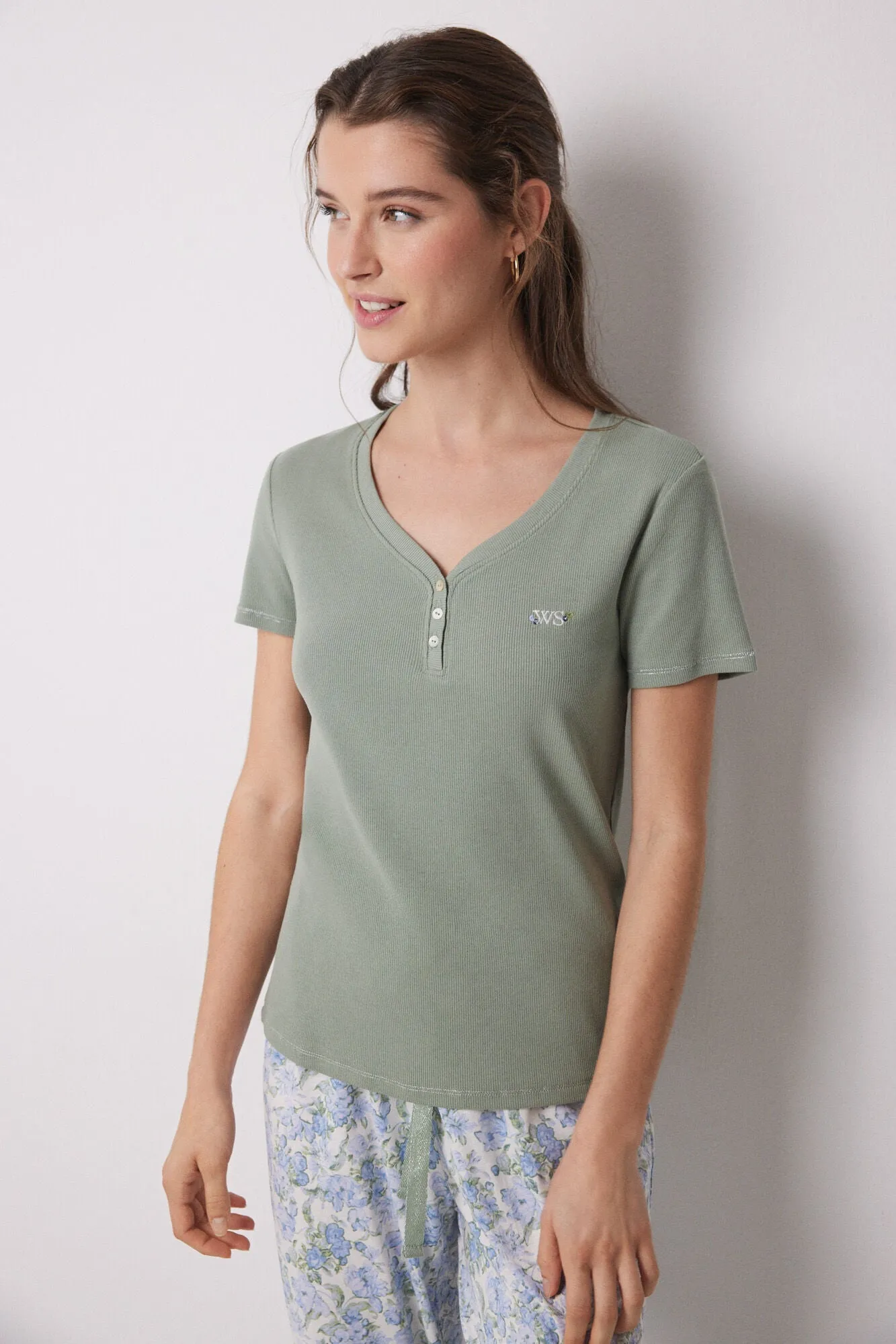 100% cotton ribbed green flower pajamas