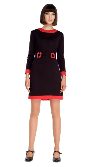 60s Style  Black/Red Jersey Dress with Flower Buckle: SIZE XS