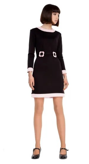 60s Style Black/White Jersey Dress with Flower Buckles