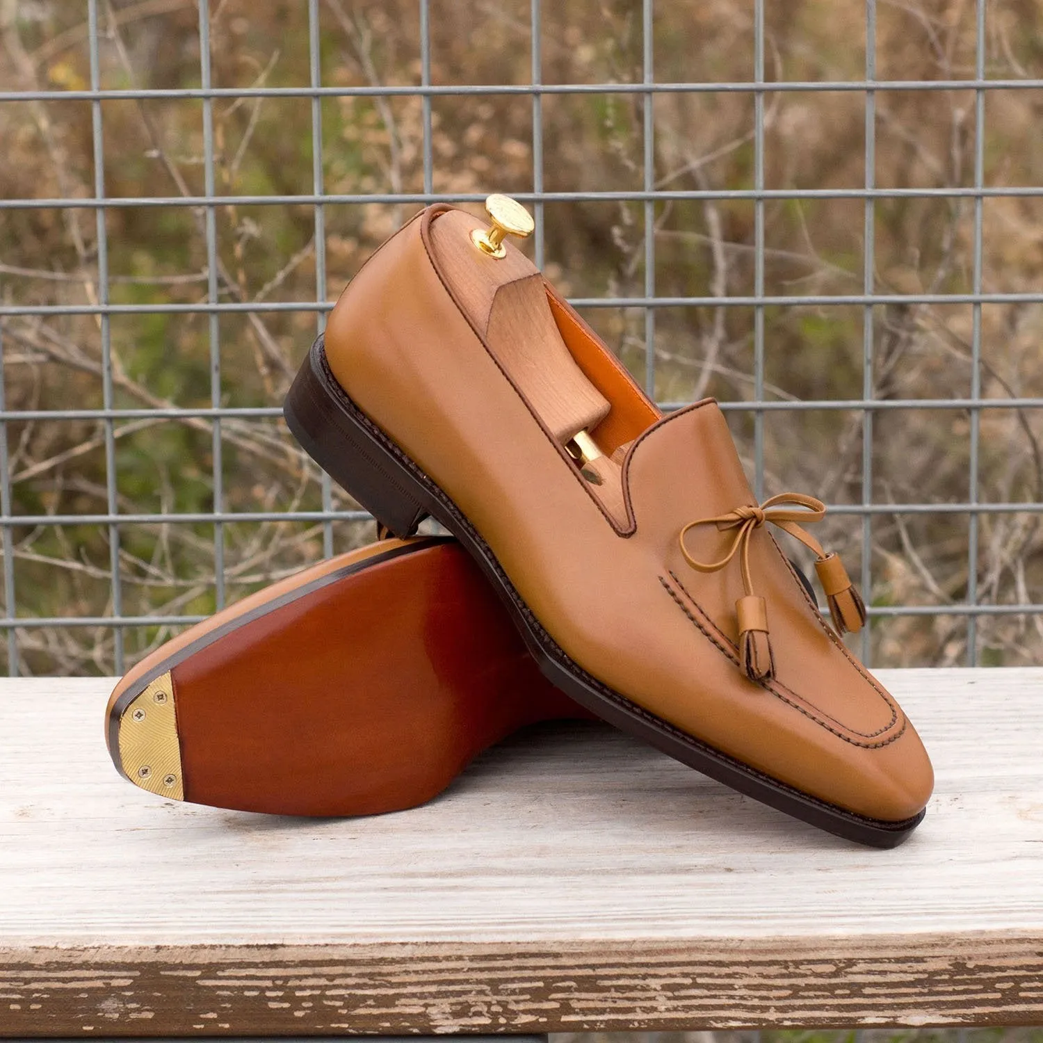 Ambrogio Bespoke Custom Men's Shoes Cognac Calf-Skin Leather Tassels Loafers (AMB2148)