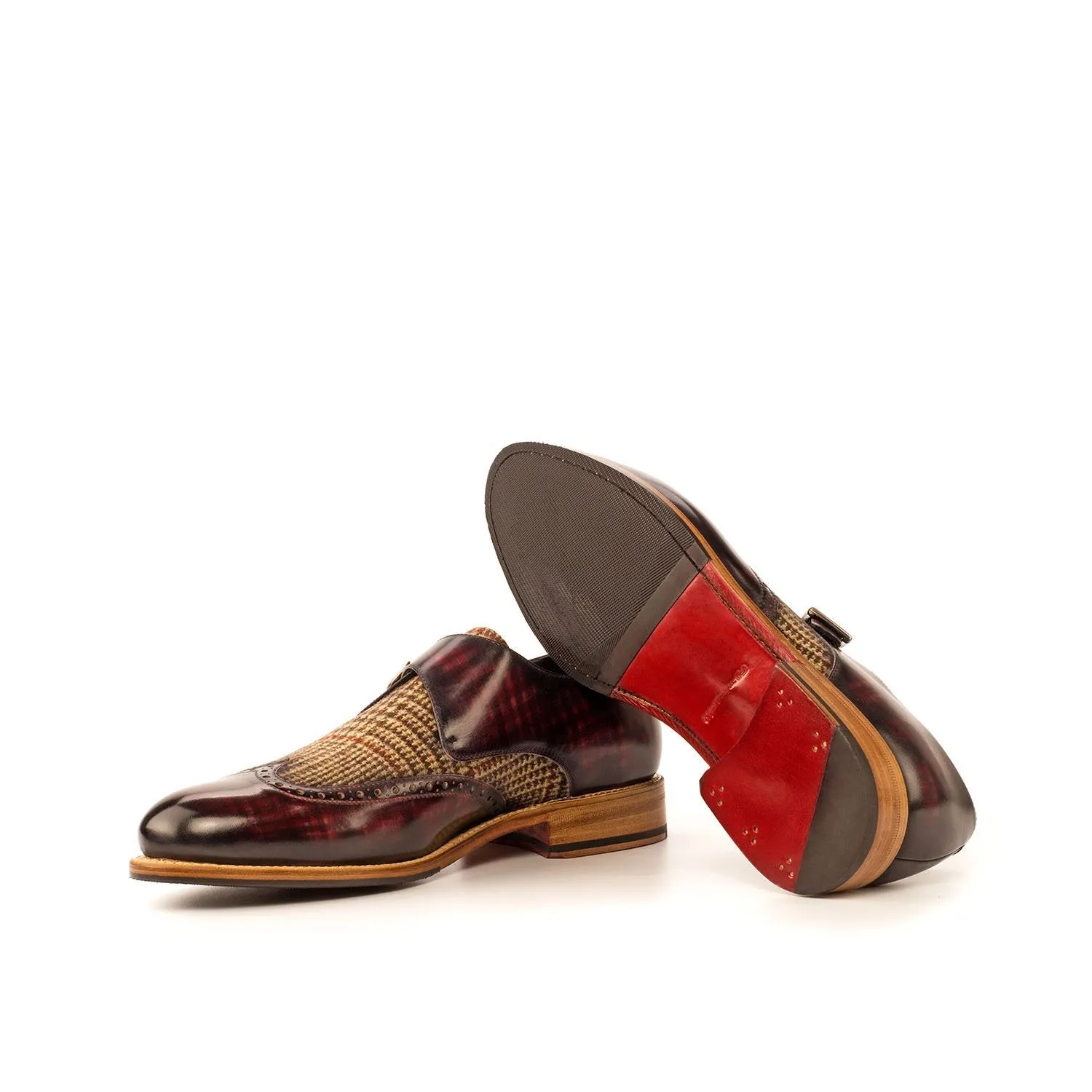 Ambrogio Bespoke Men's Handmade Custom Shoes Beige & Burgundy Fabric / Patina Leather Monk-Strap Loafers (AMB1402)