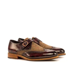 Ambrogio Bespoke Men's Handmade Custom Shoes Beige & Burgundy Fabric / Patina Leather Monk-Strap Loafers (AMB1402)