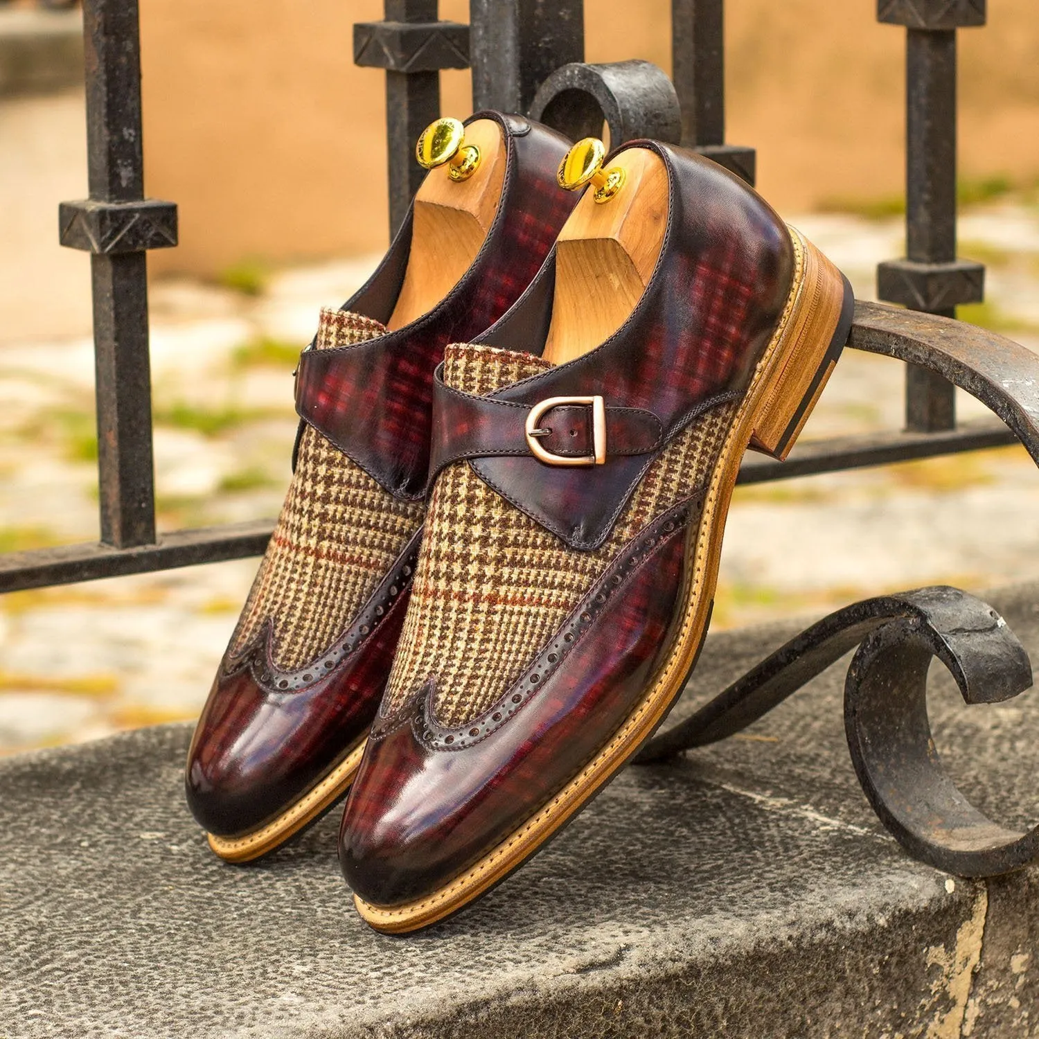 Ambrogio Bespoke Men's Handmade Custom Shoes Beige & Burgundy Fabric / Patina Leather Monk-Strap Loafers (AMB1402)