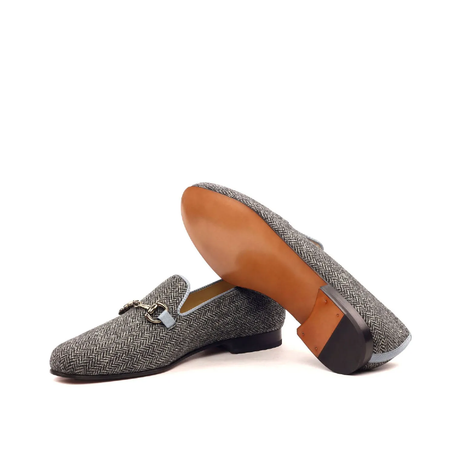 Ambrogio Bespoke Men's Handmade Custom Shoes Gray Fabric Wellington Horse-bit Loafers (AMB1562)