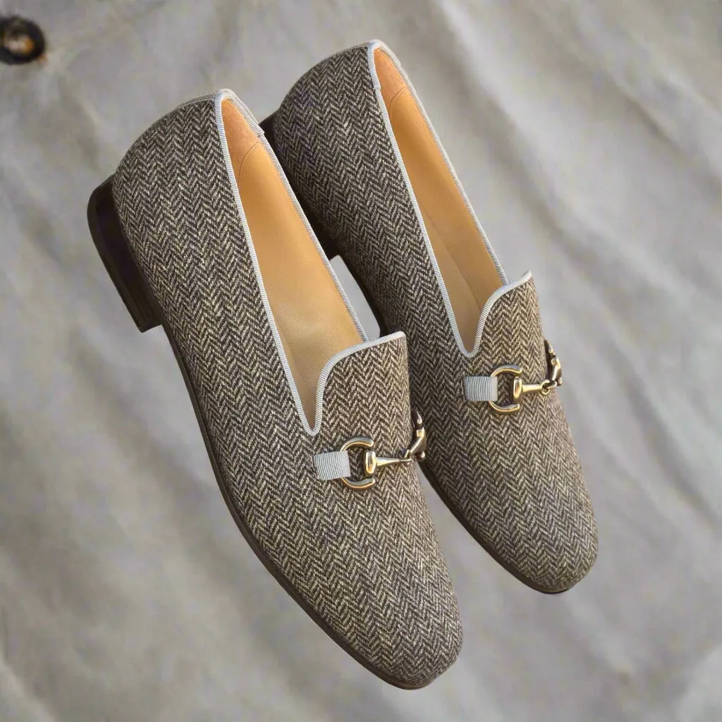 Ambrogio Bespoke Men's Handmade Custom Shoes Gray Fabric Wellington Horse-bit Loafers (AMB1562)