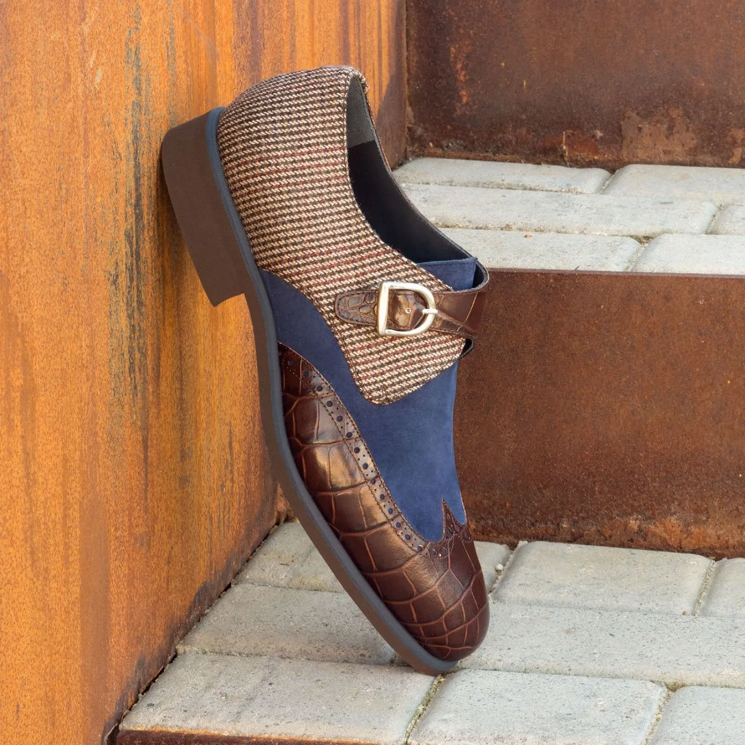 Ambrogio Bespoke Men's Handmade Custom Shoes Multi Color Fabric / Crocodile Print / Suede / Calf-Skin Leather Monk-Strap Loafers (AMB1394)