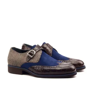 Ambrogio Bespoke Men's Handmade Custom Shoes Multi Color Fabric / Crocodile Print / Suede / Calf-Skin Leather Monk-Strap Loafers (AMB1394)