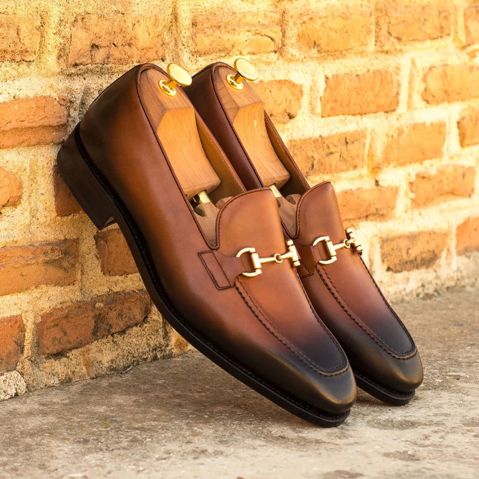Ambrogio Men's Handmade Custom Made Shoes Brown Burnished Calf-Skin Leather Horsebit Loafers (AMB1066)