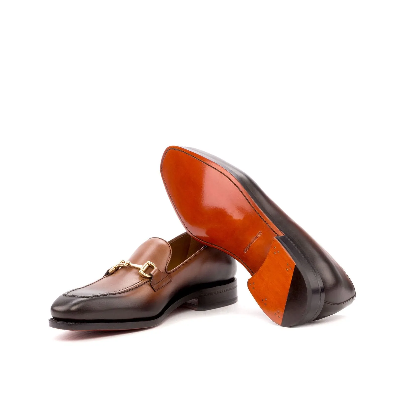 Ambrogio Men's Handmade Custom Made Shoes Brown Burnished Calf-Skin Leather Horsebit Loafers (AMB1066)