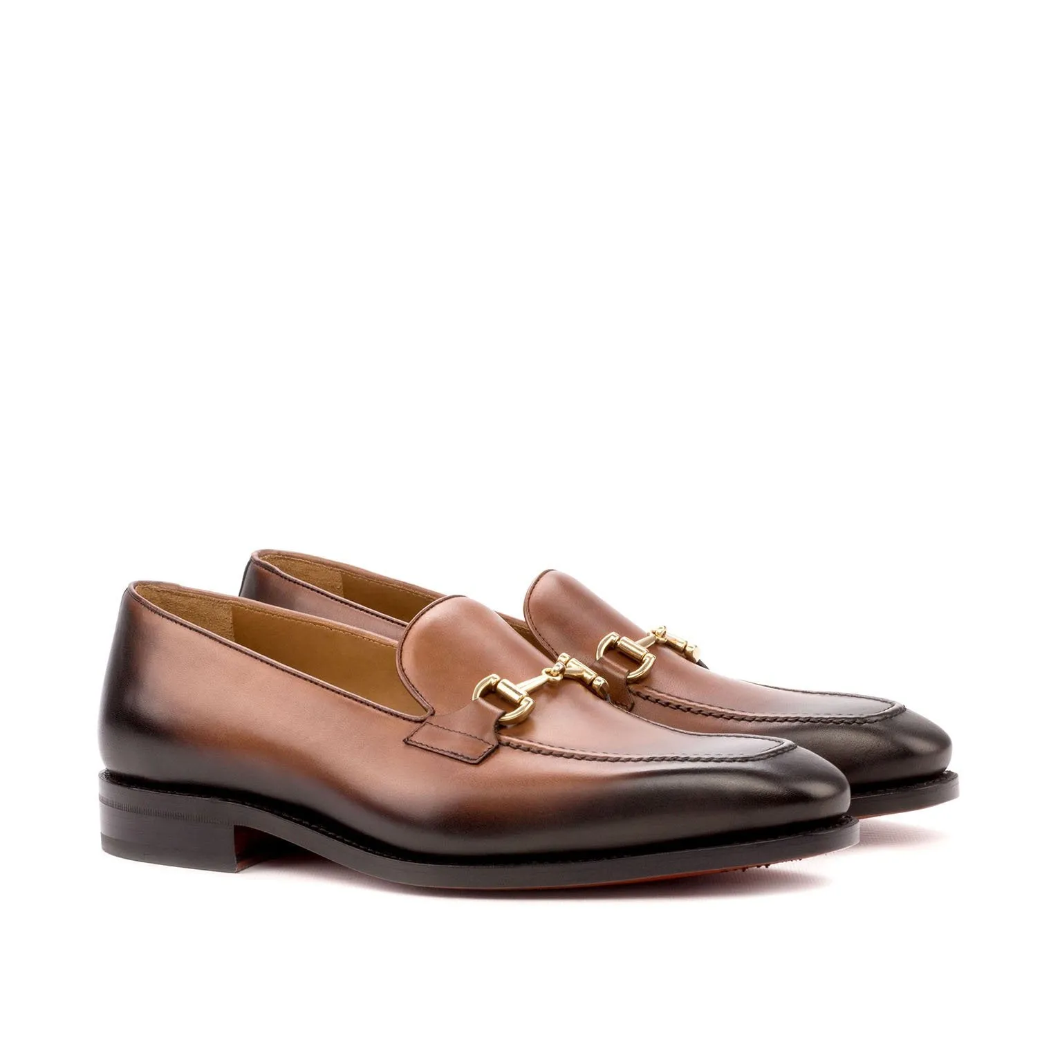 Ambrogio Men's Handmade Custom Made Shoes Brown Burnished Calf-Skin Leather Horsebit Loafers (AMB1066)