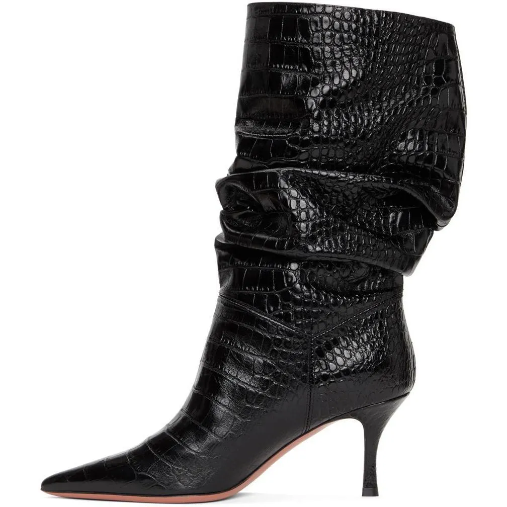 Amina Muaddi Black Croc Ida Heels