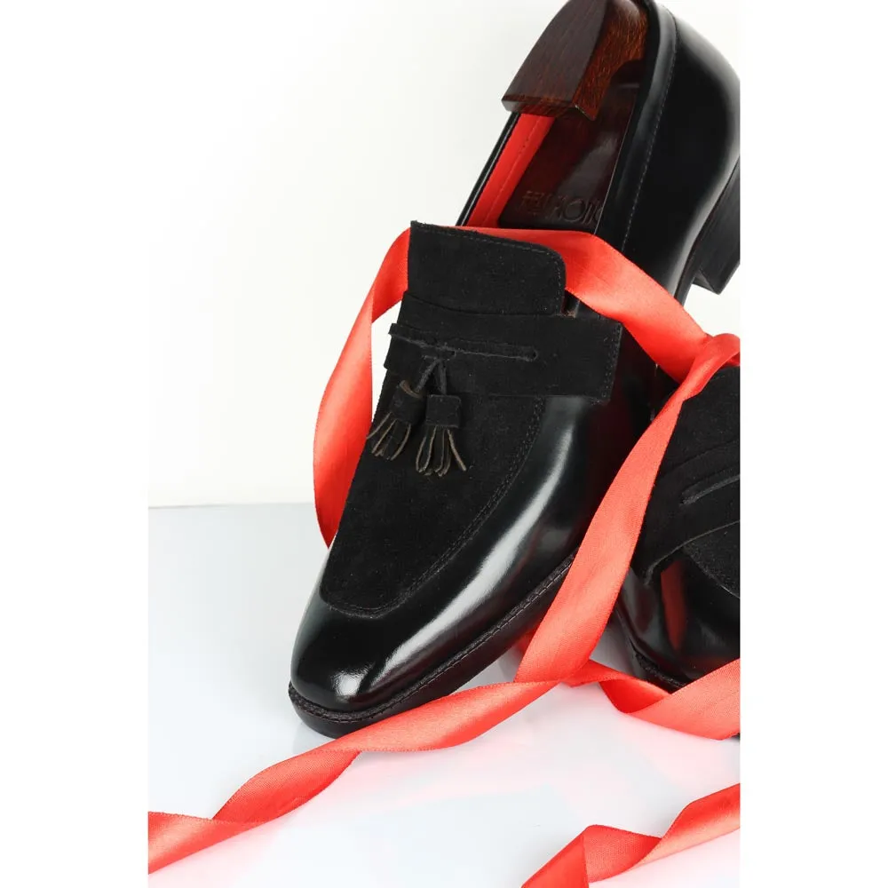 Black Brushed   Suede Detailed Evening Tassel Loafers
