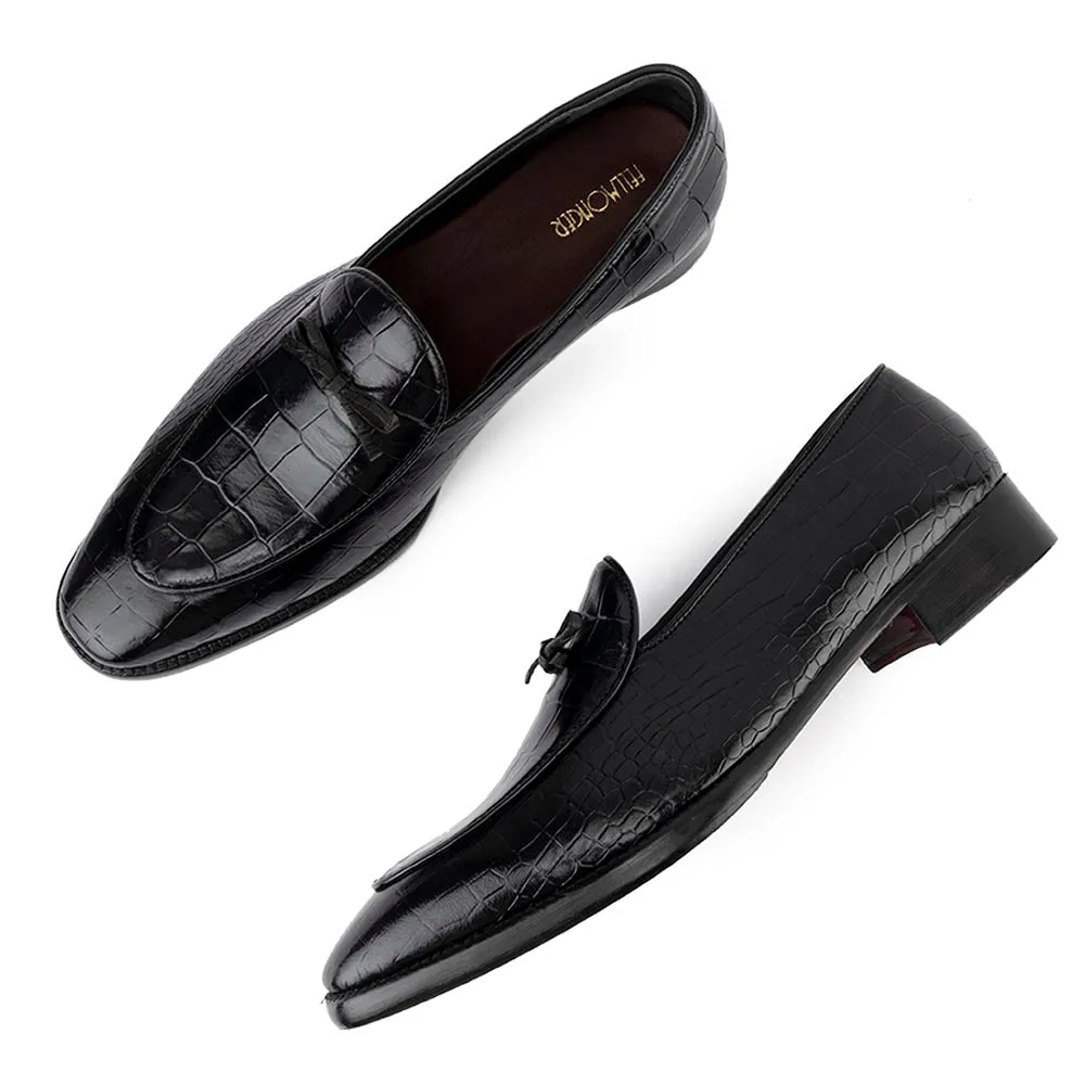 Black Croco Glossed Belgian Bowtie Loafers