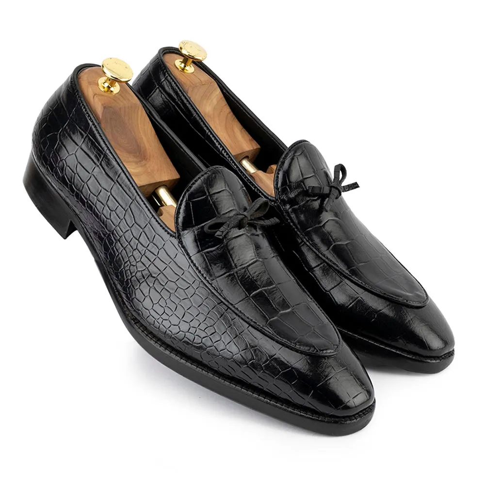 Black Croco Glossed Belgian Bowtie Loafers