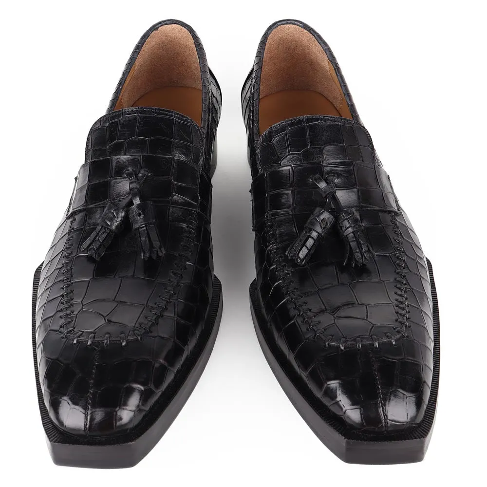 Black Mirror Glossed Squarish Croco Spade Sole Tassel Loafers