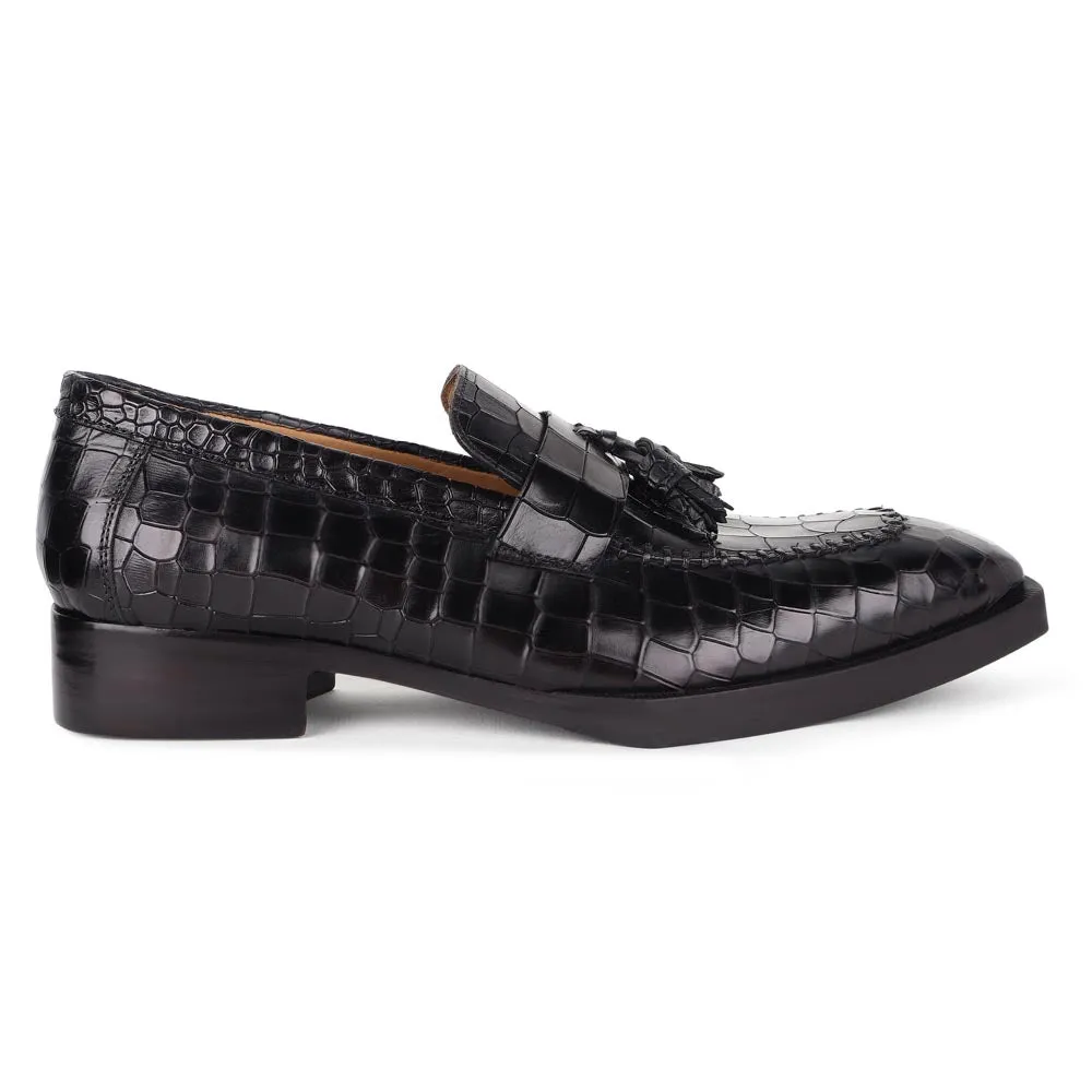 Black Mirror Glossed Squarish Croco Spade Sole Tassel Loafers