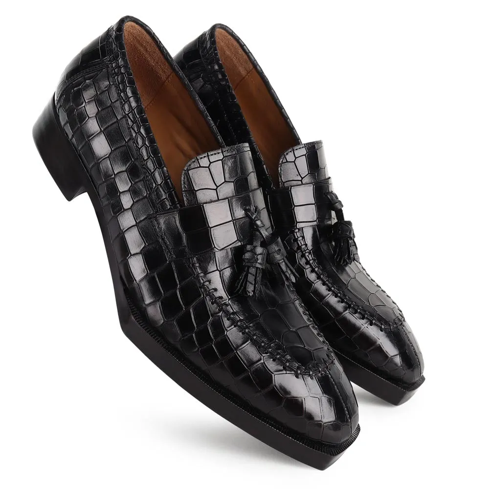 Black Mirror Glossed Squarish Croco Spade Sole Tassel Loafers