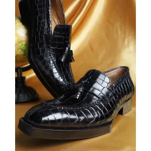 Black Mirror Glossed Squarish Croco Spade Sole Tassel Loafers