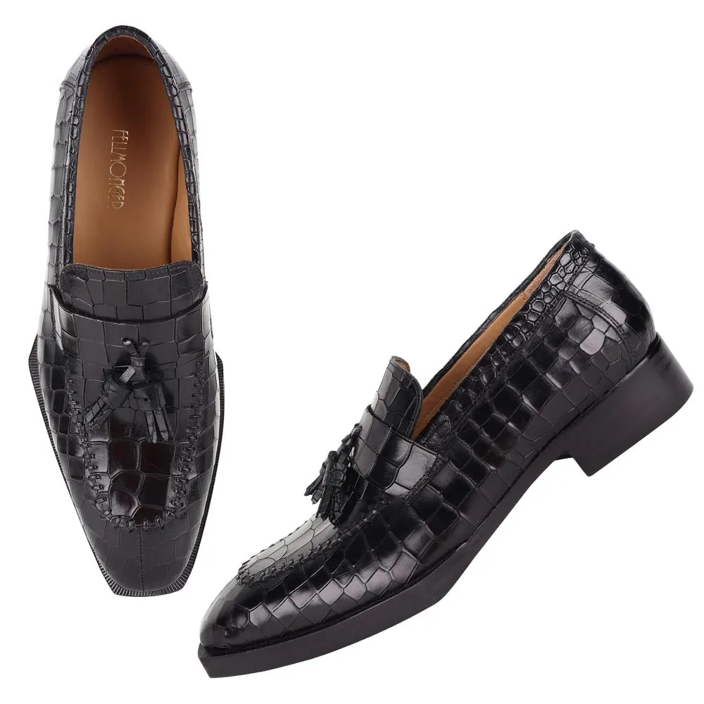 Black Mirror Glossed Squarish Croco Spade Sole Tassel Loafers