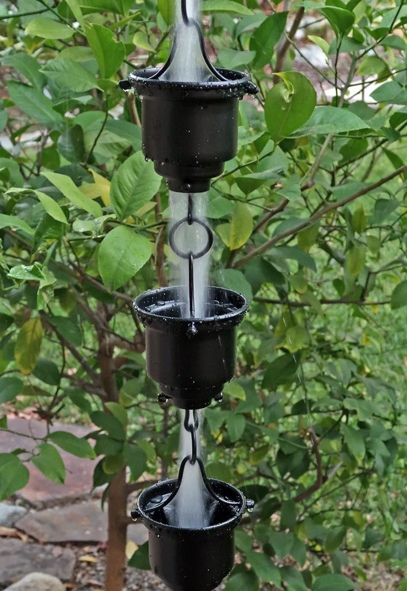 Black Tea Cup Premium Rain Chain Decorative Downspout Alternative Garden Water Feature