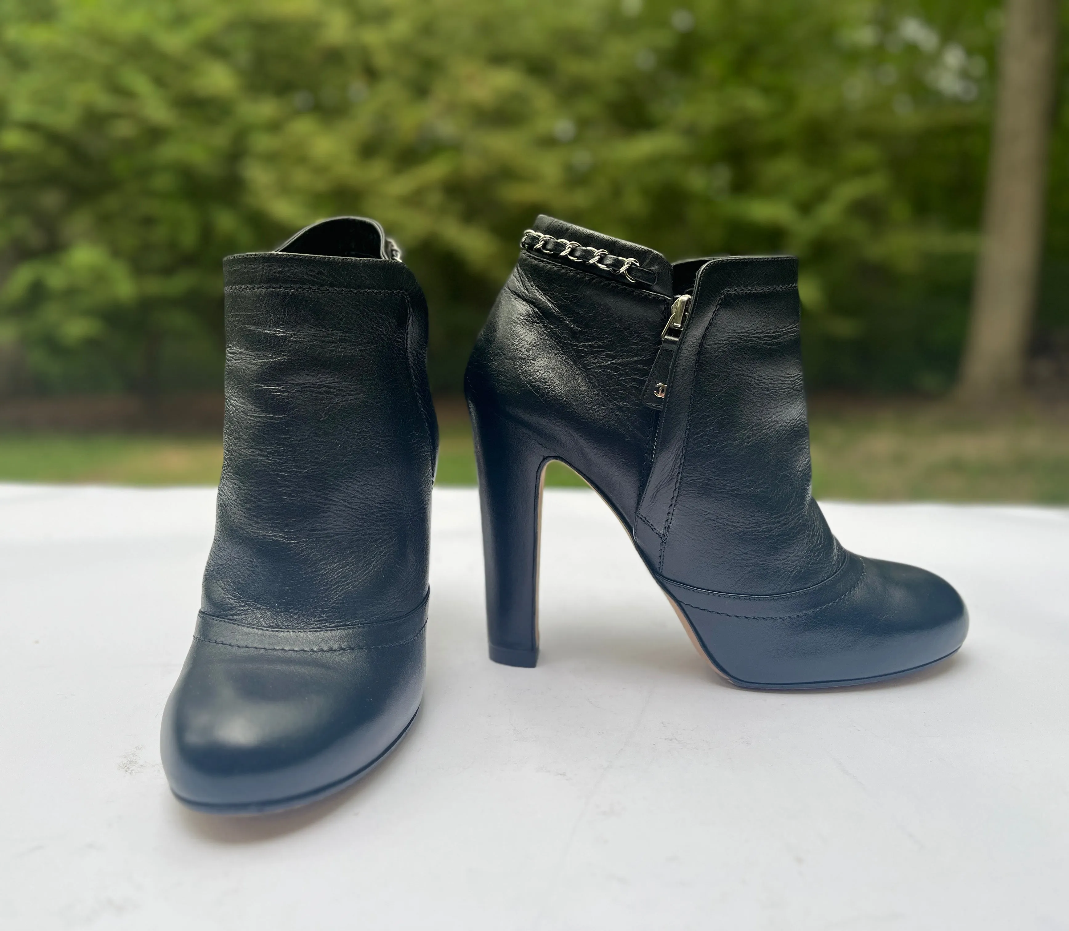Chanel Lambskin Leather Chain Ankle Heel Boots in Black Size 41C