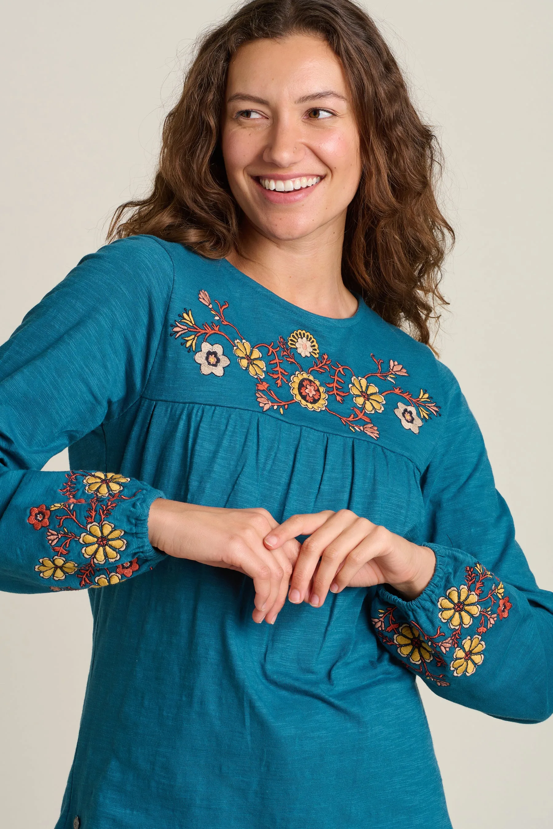 Folk Floral  Embroidered Long Sleeve Tee