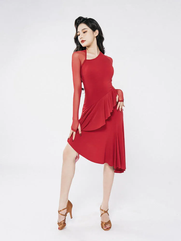 Latin Dance Mesh Long Sleeve Dress Practice Clothes Suit