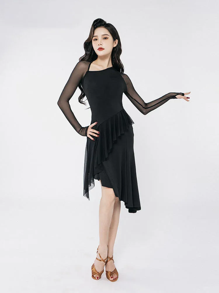 Latin Dance Mesh Long Sleeve Dress Practice Clothes Suit