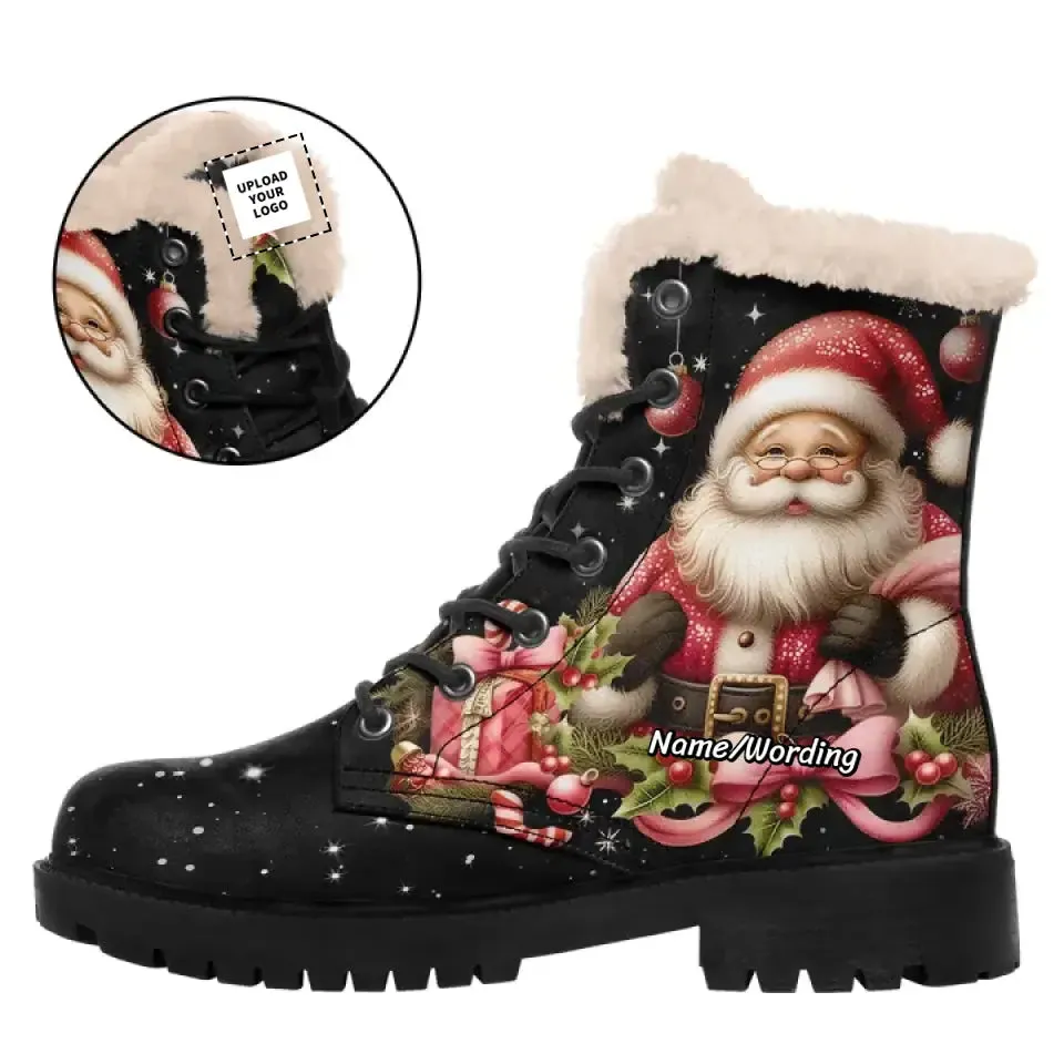 Luxury Gifts,Personalized Santa Winter Boots, Custom Fur Lining Boots, Lace Up Boots for Christmas Gift