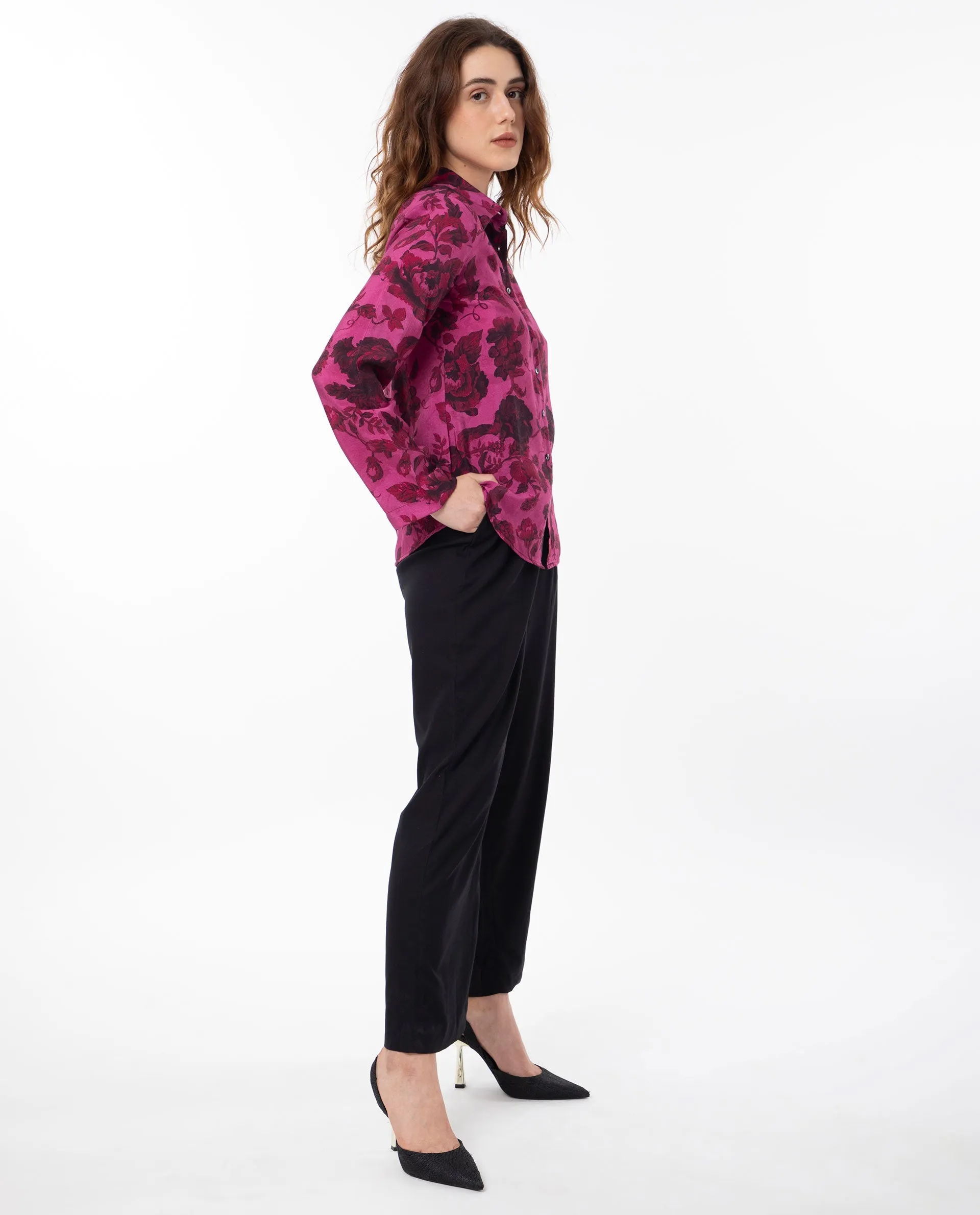 Rareism Women Esent Maroon Polyester Fabric Full Sleeves Button Closure Shirt Collar Relaxed Fit Floral Print Top