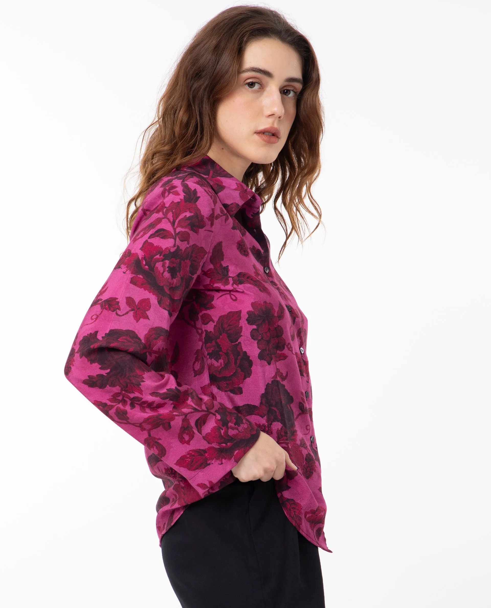 Rareism Women Esent Maroon Polyester Fabric Full Sleeves Button Closure Shirt Collar Relaxed Fit Floral Print Top