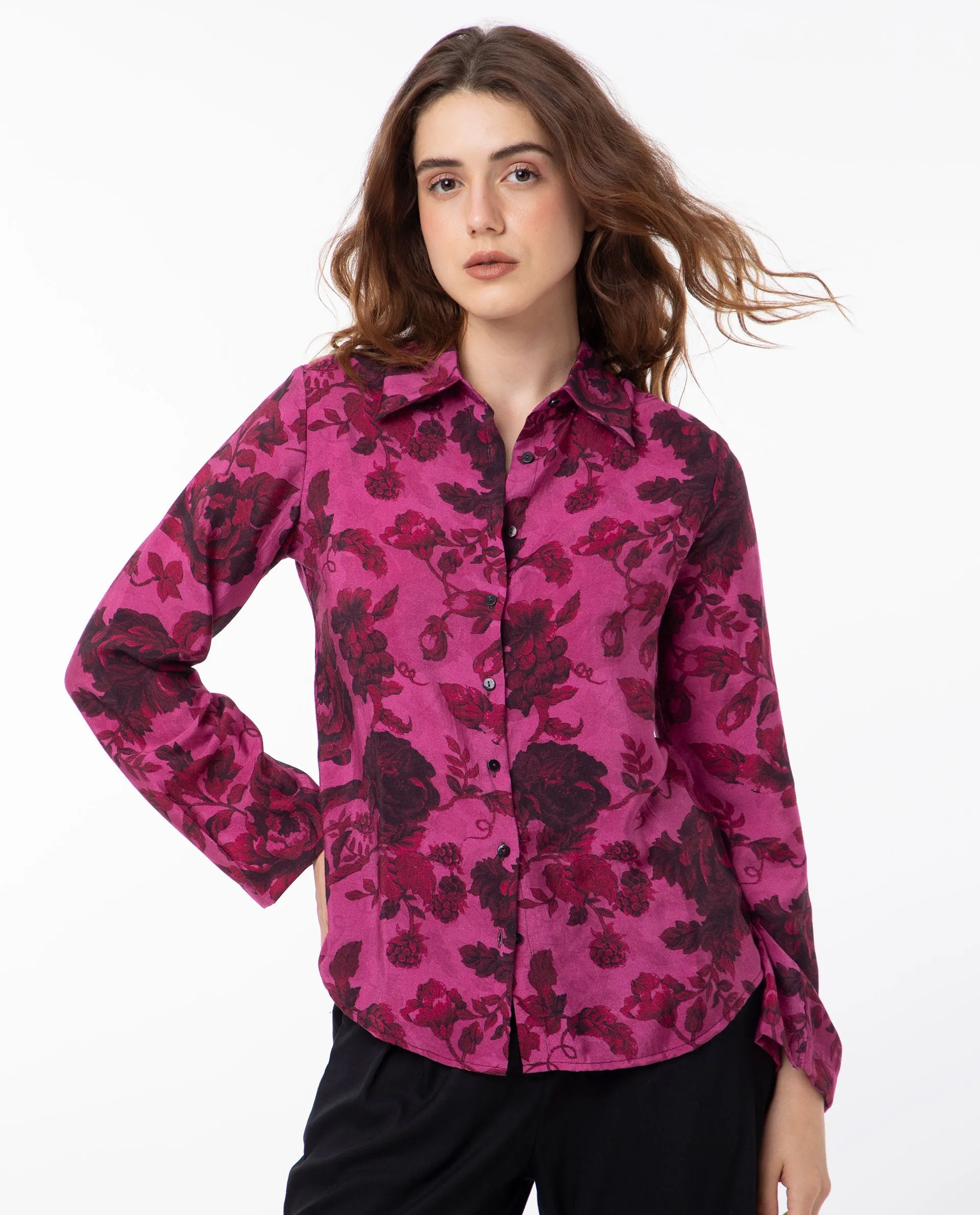 Rareism Women Esent Maroon Polyester Fabric Full Sleeves Button Closure Shirt Collar Relaxed Fit Floral Print Top