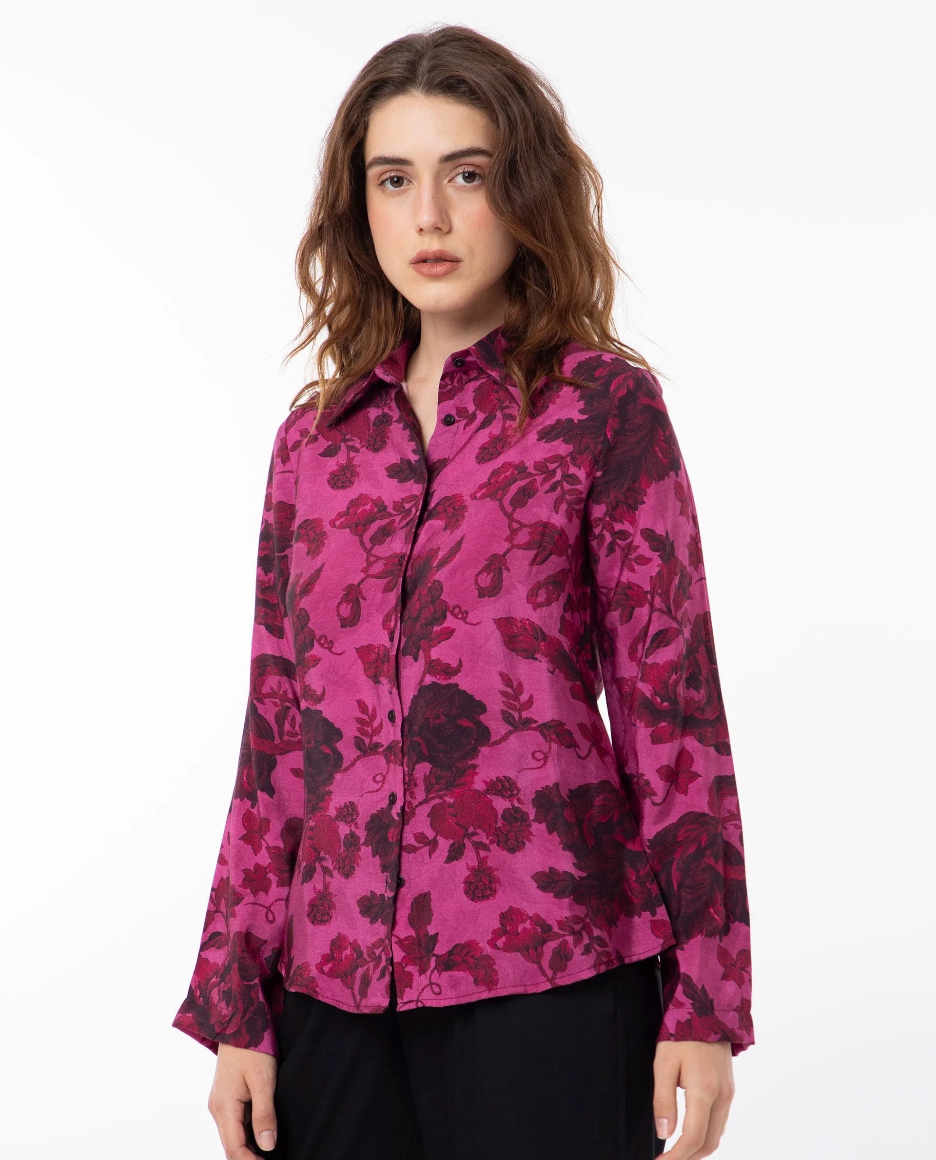 Rareism Women Esent Maroon Polyester Fabric Full Sleeves Button Closure Shirt Collar Relaxed Fit Floral Print Top