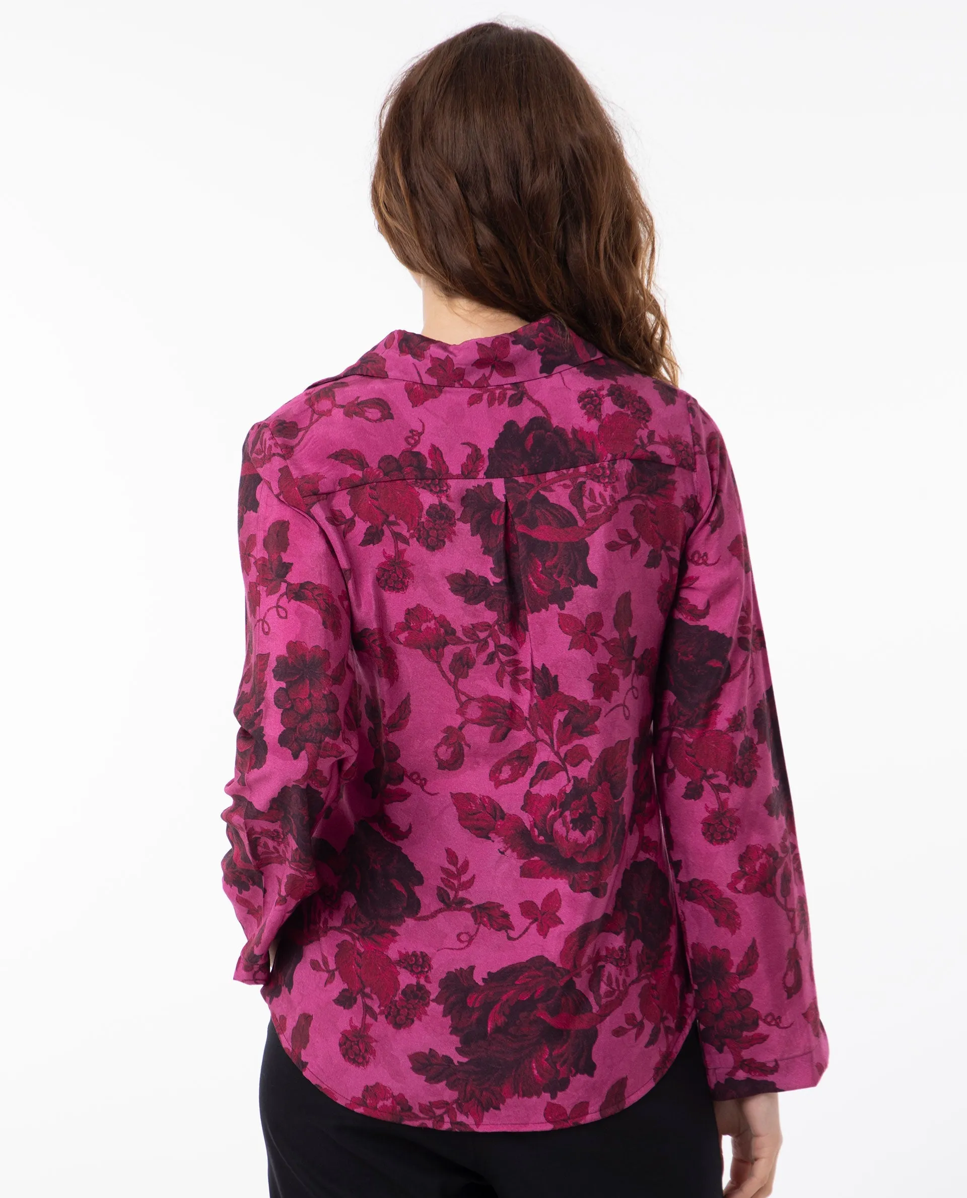 Rareism Women Esent Maroon Polyester Fabric Full Sleeves Button Closure Shirt Collar Relaxed Fit Floral Print Top