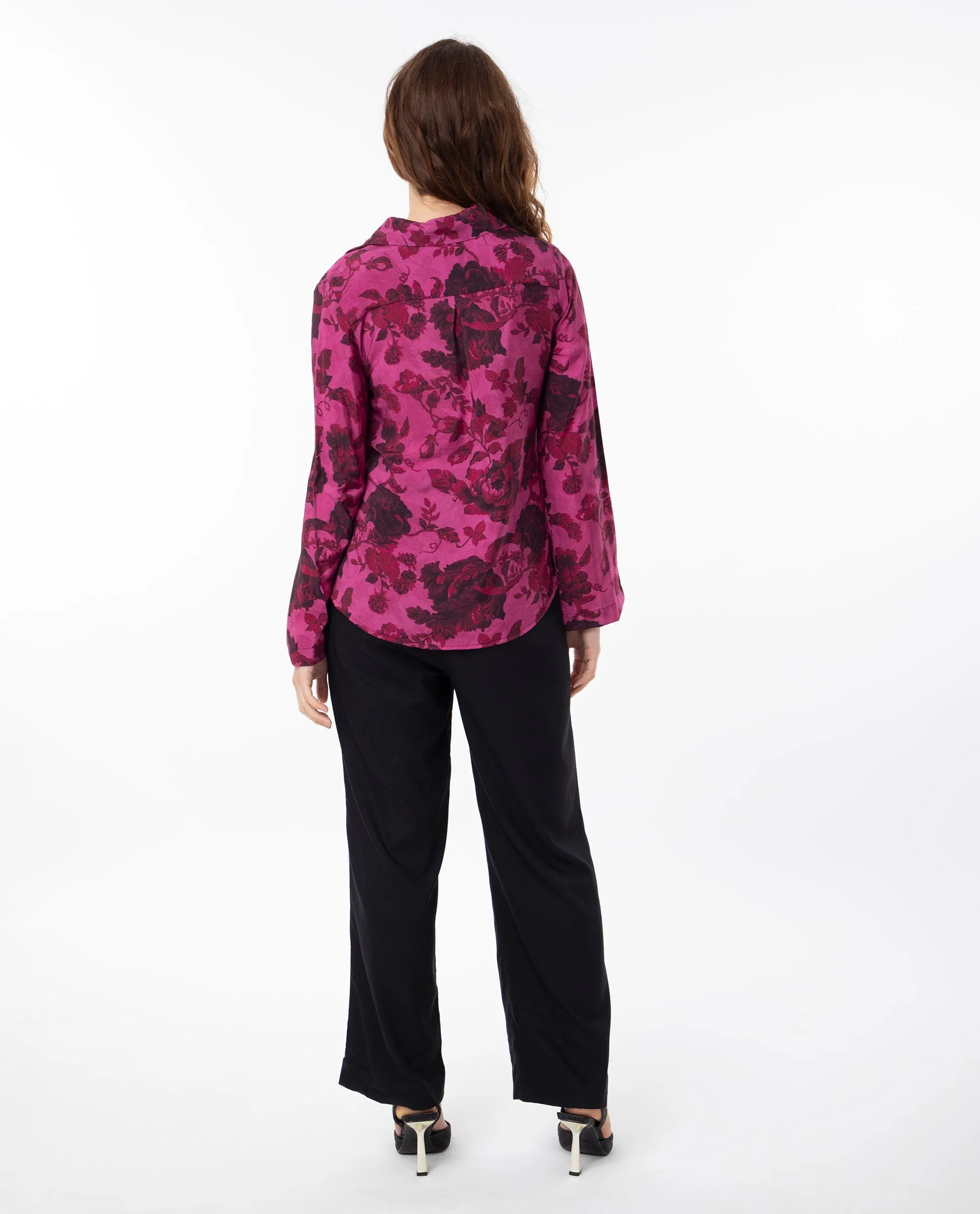 Rareism Women Esent Maroon Polyester Fabric Full Sleeves Button Closure Shirt Collar Relaxed Fit Floral Print Top