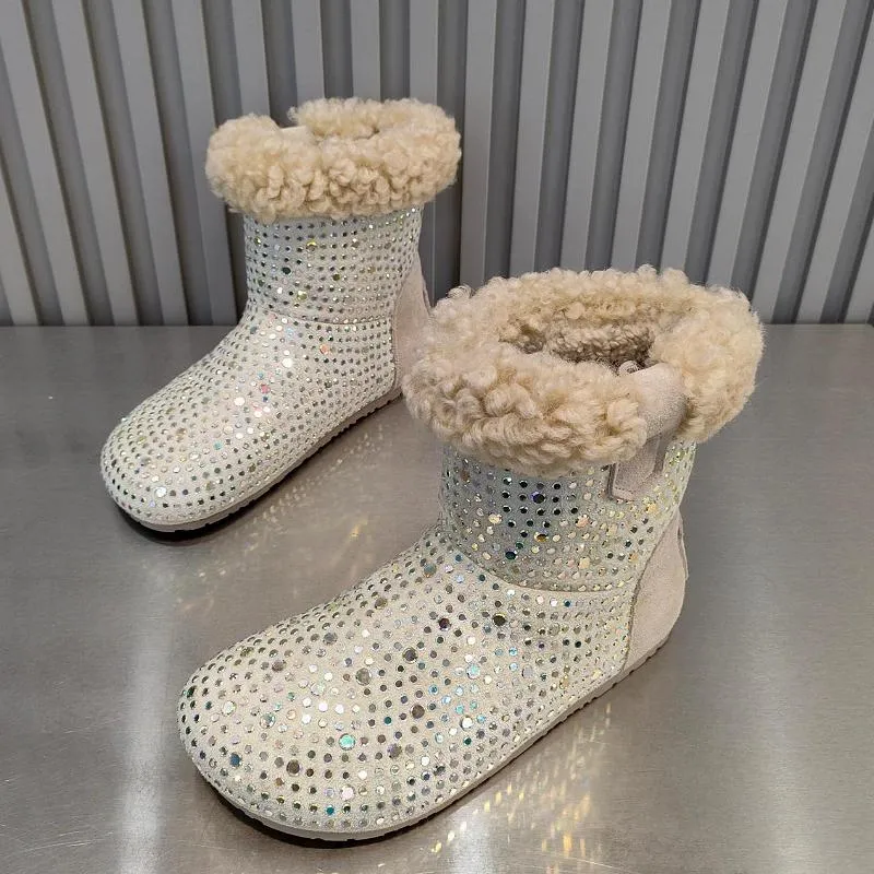 Rhinestone Lambswool Flat Ankle Boots