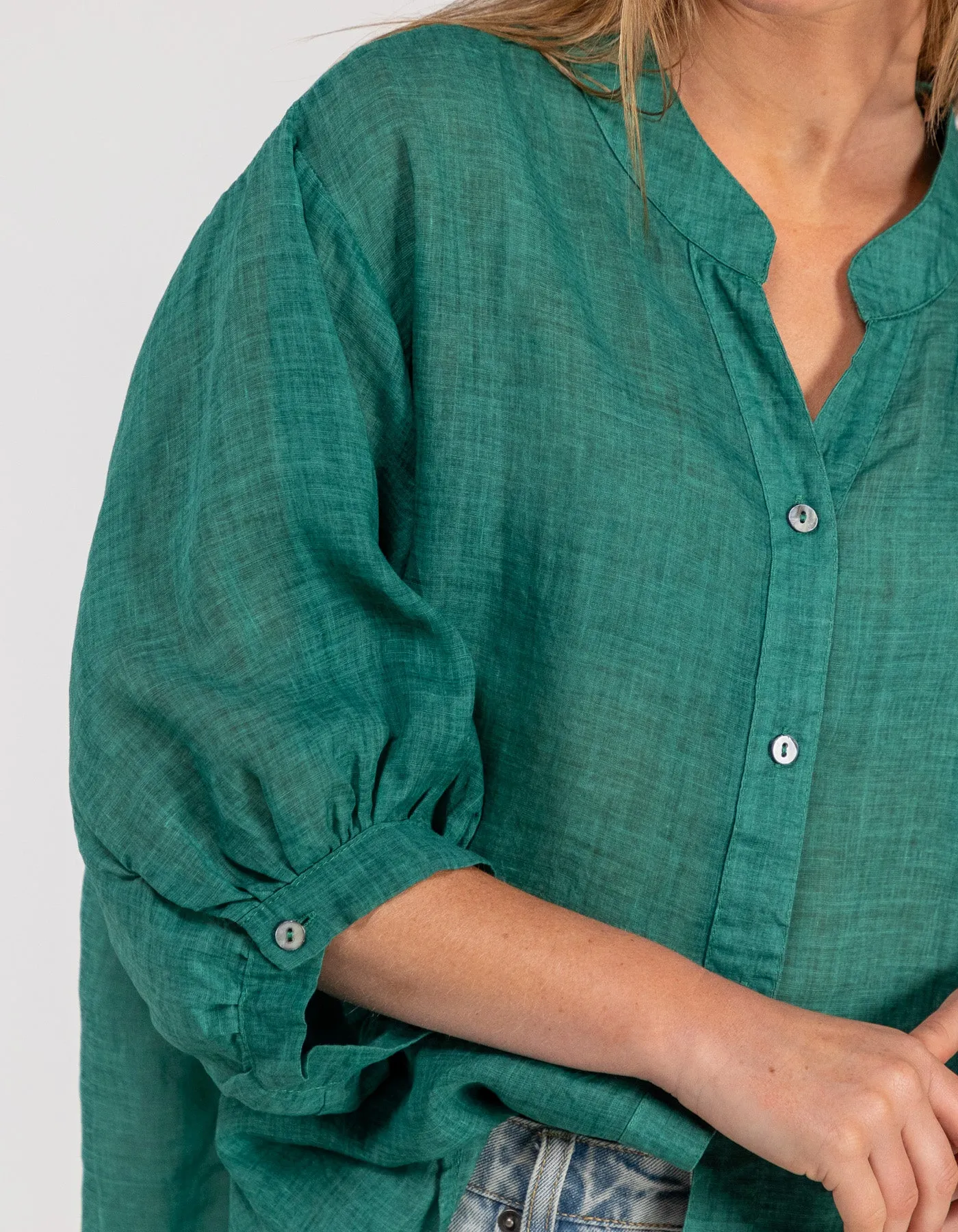 River Button Down Collarless Sheer Linen Shirt in Emerald