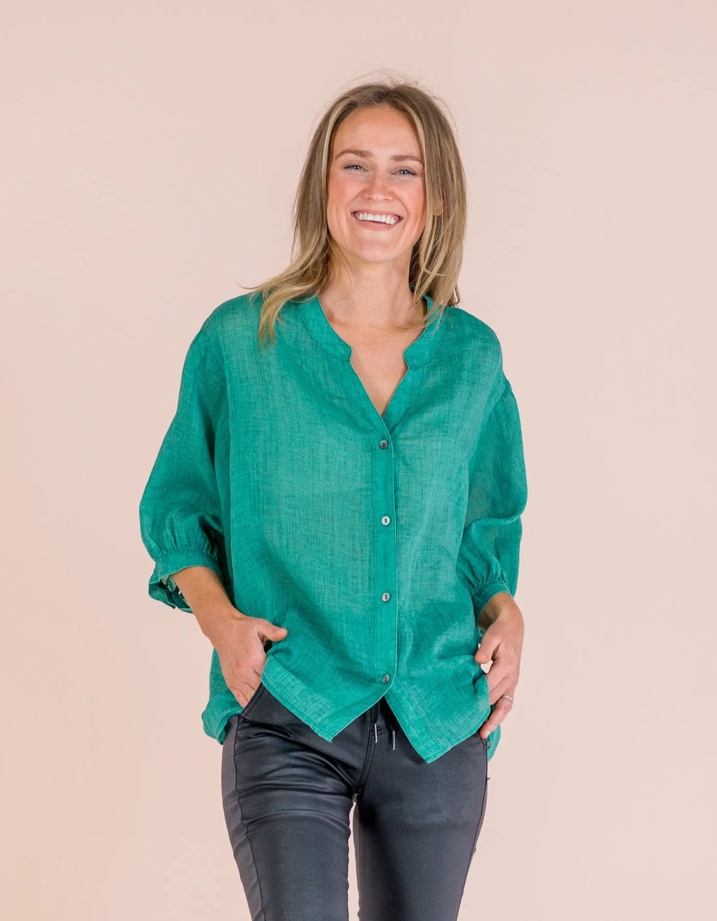 River Button Down Collarless Sheer Linen Shirt in Emerald