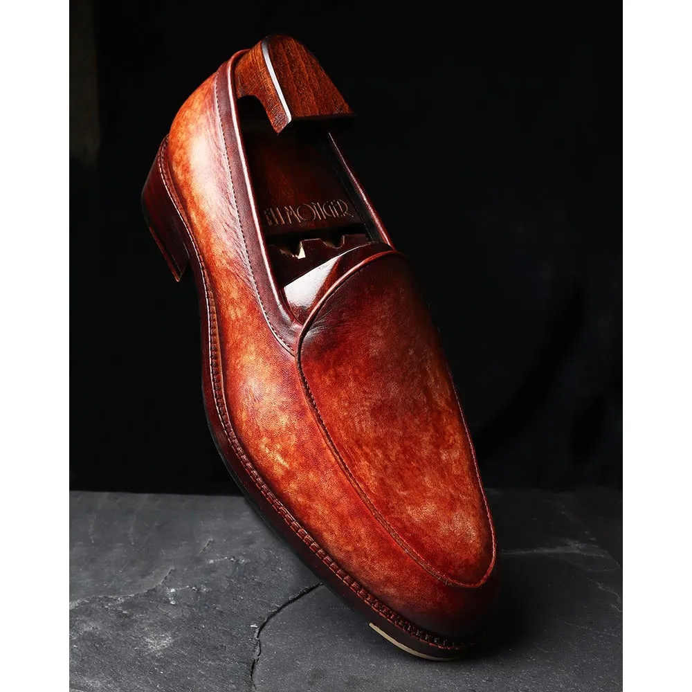 Tan Mirror Glossed Marble Patina Belgian Loafers
