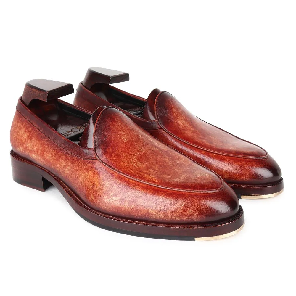 Tan Mirror Glossed Marble Patina Belgian Loafers
