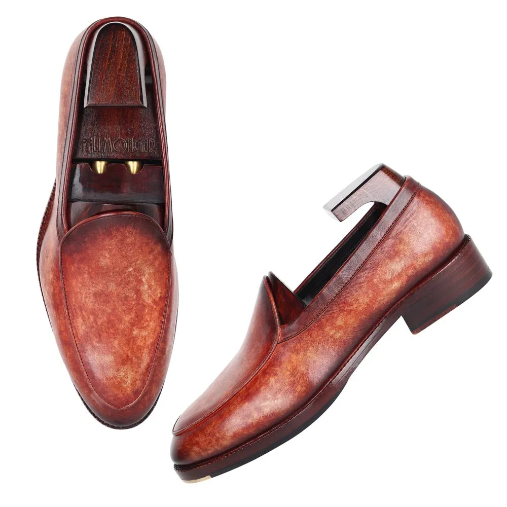 Tan Mirror Glossed Marble Patina Belgian Loafers