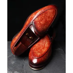 Tan Mirror Glossed Marble Patina Belgian Loafers