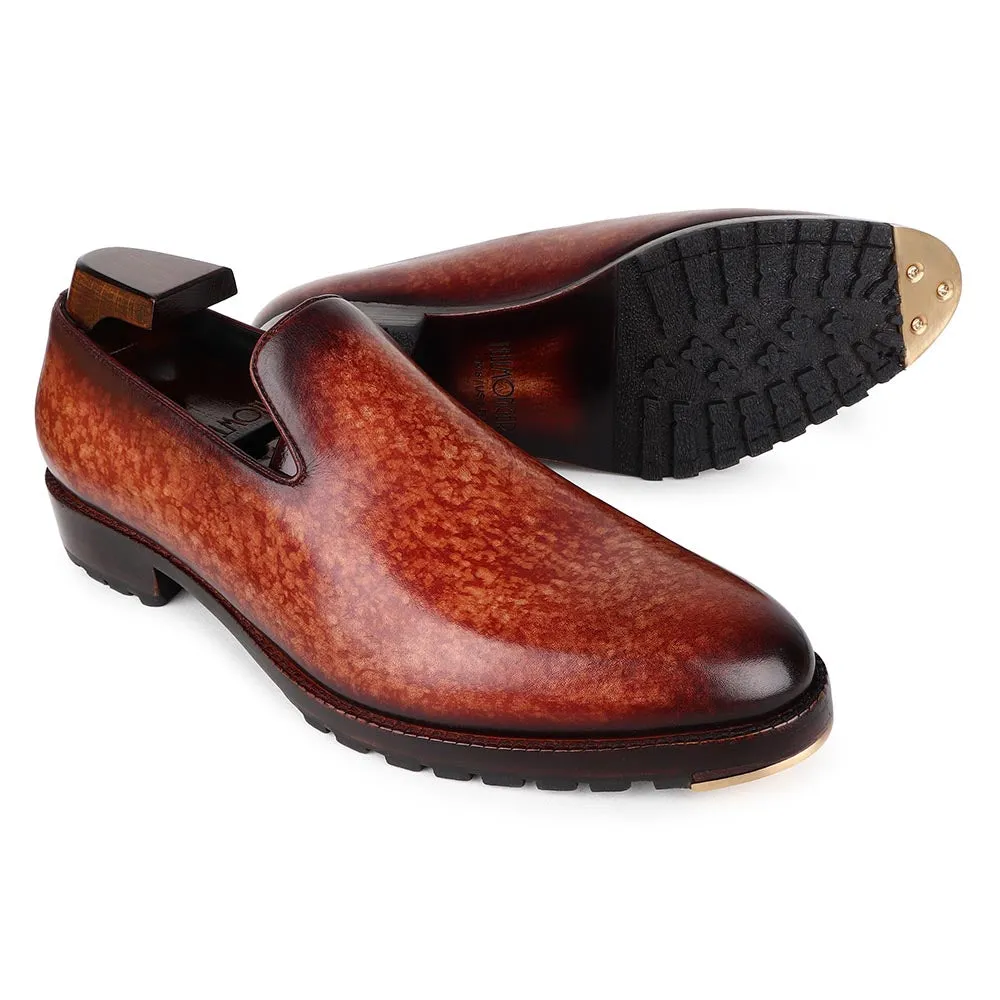 Tan Mirror Glossed Marble Patina Slipon Loafers With Commando Sole And Metal Toe Plate