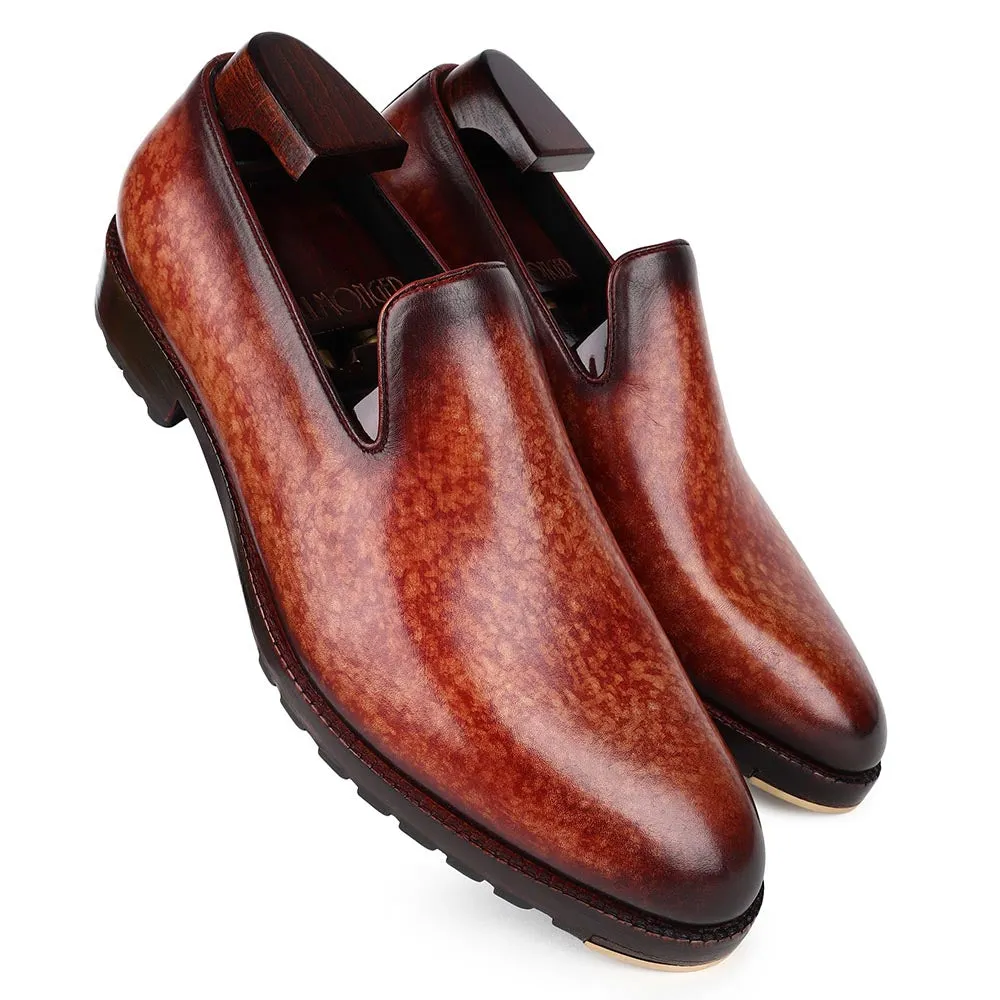 Tan Mirror Glossed Marble Patina Slipon Loafers With Commando Sole And Metal Toe Plate