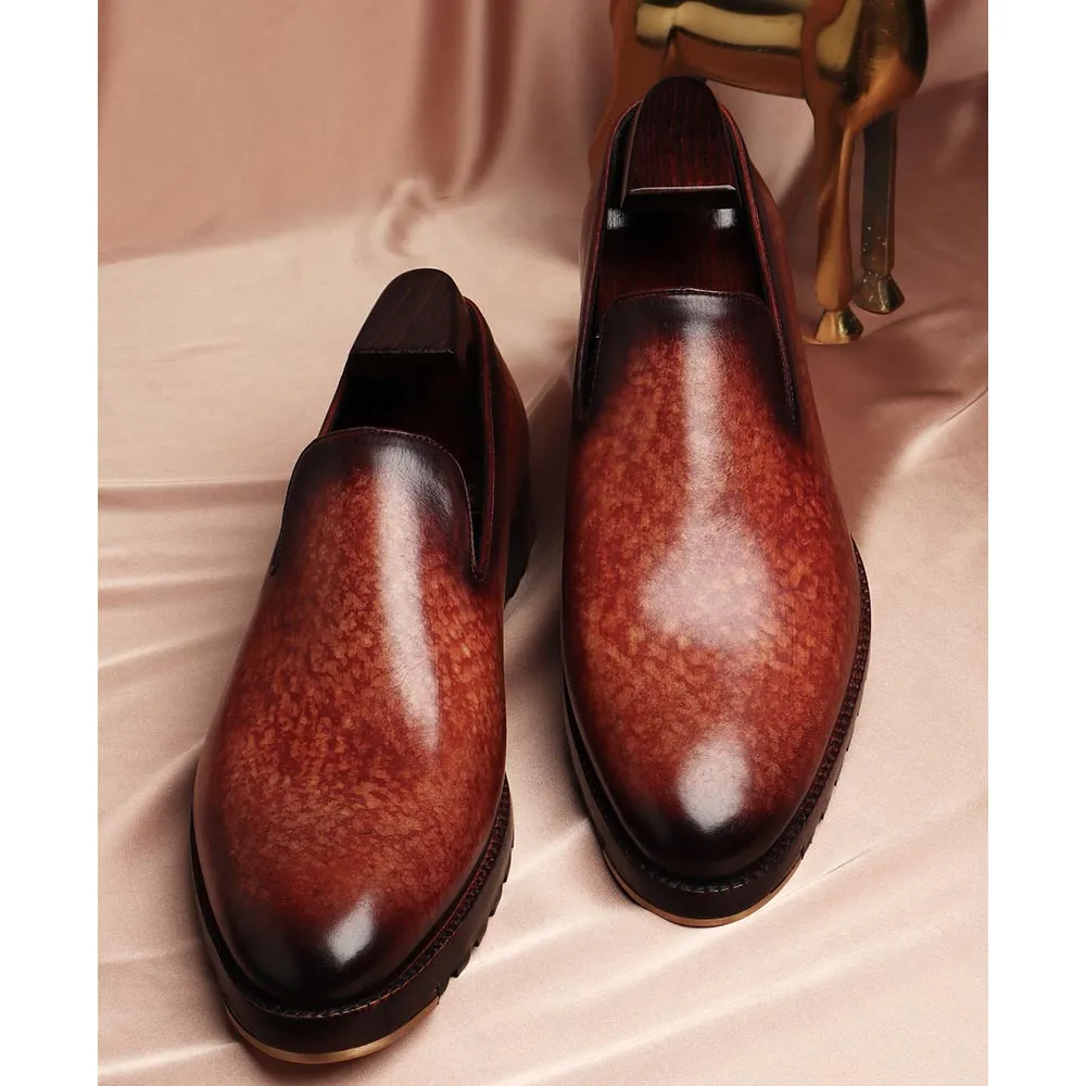 Tan Mirror Glossed Marble Patina Slipon Loafers With Commando Sole And Metal Toe Plate