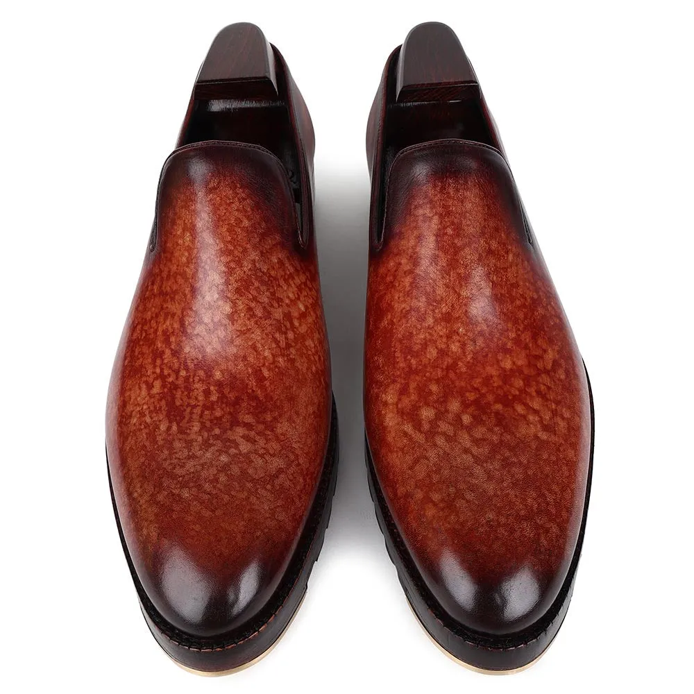 Tan Mirror Glossed Marble Patina Slipon Loafers With Commando Sole And Metal Toe Plate