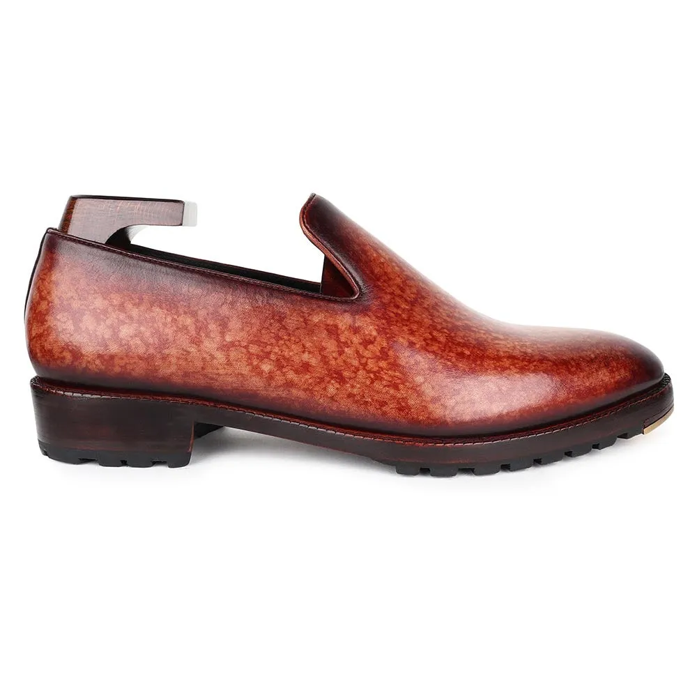 Tan Mirror Glossed Marble Patina Slipon Loafers With Commando Sole And Metal Toe Plate