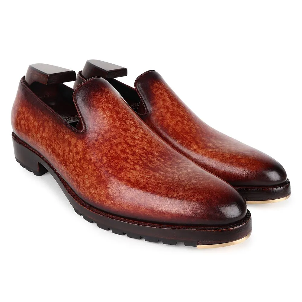 Tan Mirror Glossed Marble Patina Slipon Loafers With Commando Sole And Metal Toe Plate