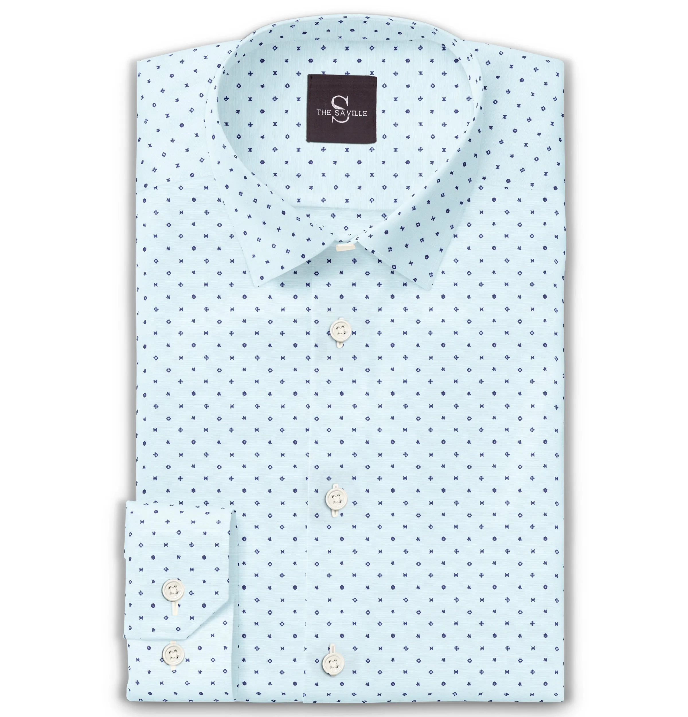 Wrinkle-free Sky Blue with Geometric Print - Long Sleeve